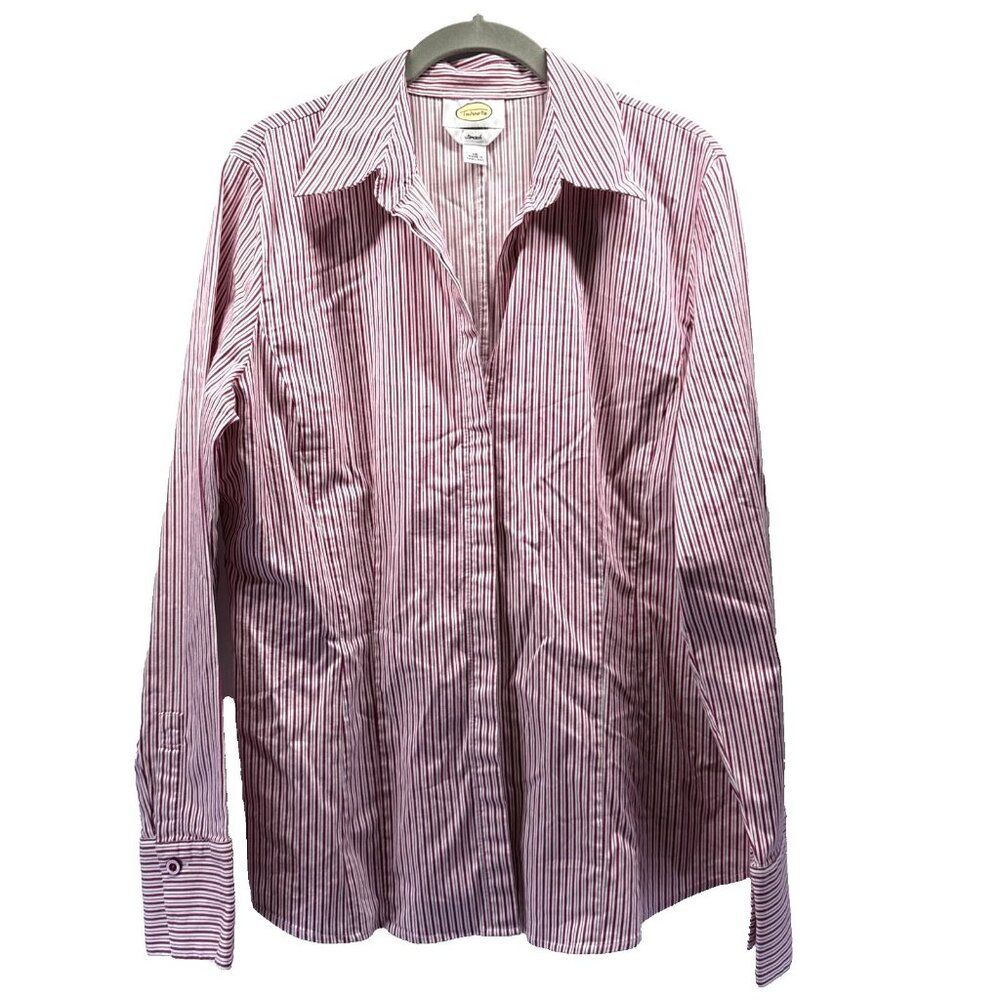 Talbots Women's Top Sz 16 Pink White Stripe Button Up V Neck Long Sleeve Button